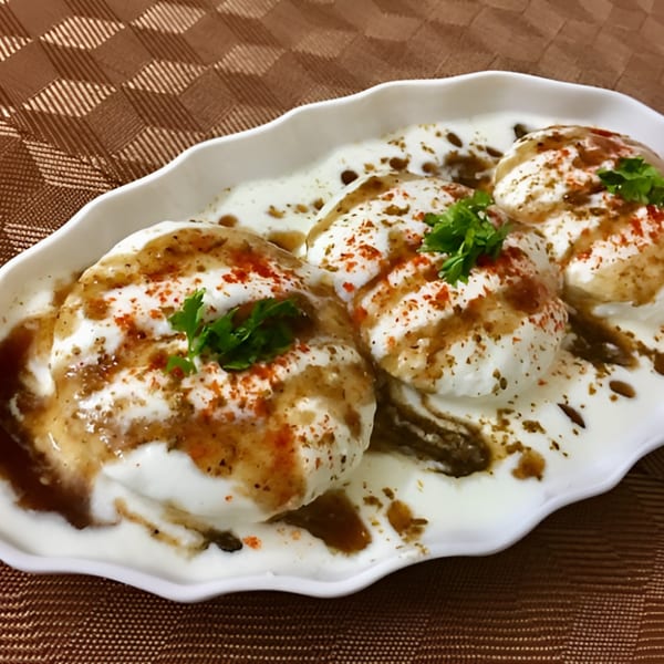 Taste of India's Dahi Vada, a savory Indian snack, topped with yogurt, chutneys, and spices.